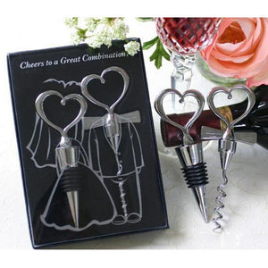 Love Heart Corkscrew Wine Bottle Opener + Wine Stopper Wedding Gift Favors for guests Bottle Opener Set Wedding Decoration