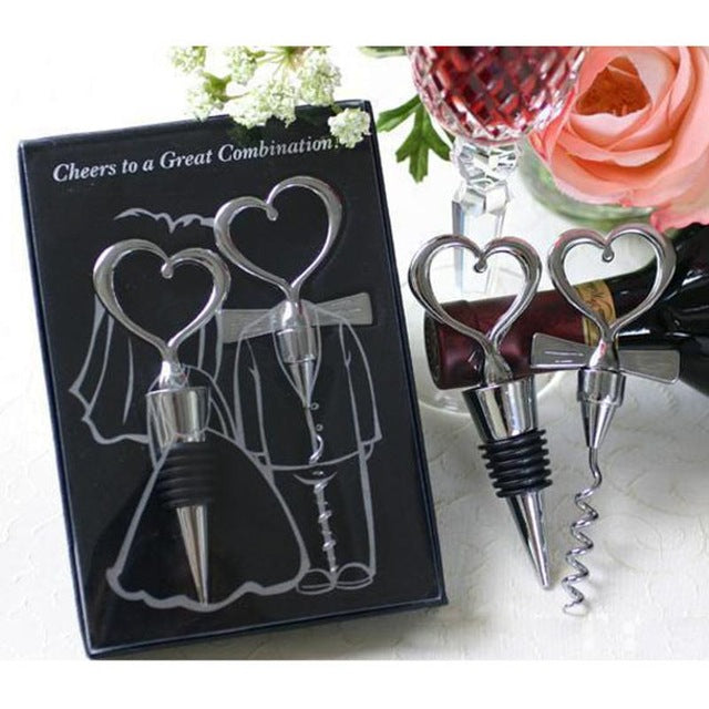 Love Heart Corkscrew Wine Bottle Opener + Wine Stopper Wedding Gift Favors for guests Bottle Opener Set Wedding Decoration